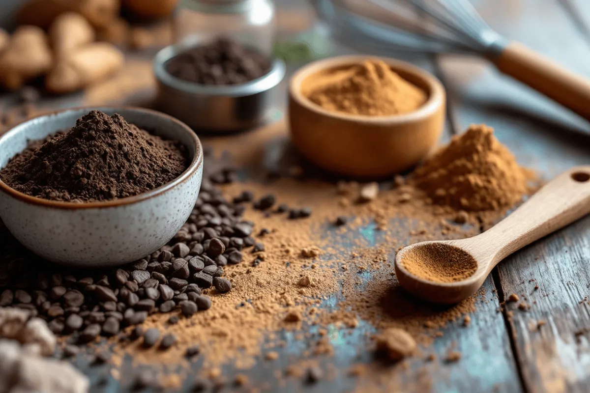 Create a close-up, highly detailed image of various chocolate alternatives spread out on a rustic wooden surface. Include items like carob powder, cacao nibs, lucuma powder, roasted chicory root, and mesquite powder, each displayed in small bowls or scattered naturally. The colors should be warm and inviting, with rich browns, earthy tones, and a soft natural light to emphasize the textures. A few baking tools like a whisk or measuring spoon can be included to evoke a cooking or baking theme.