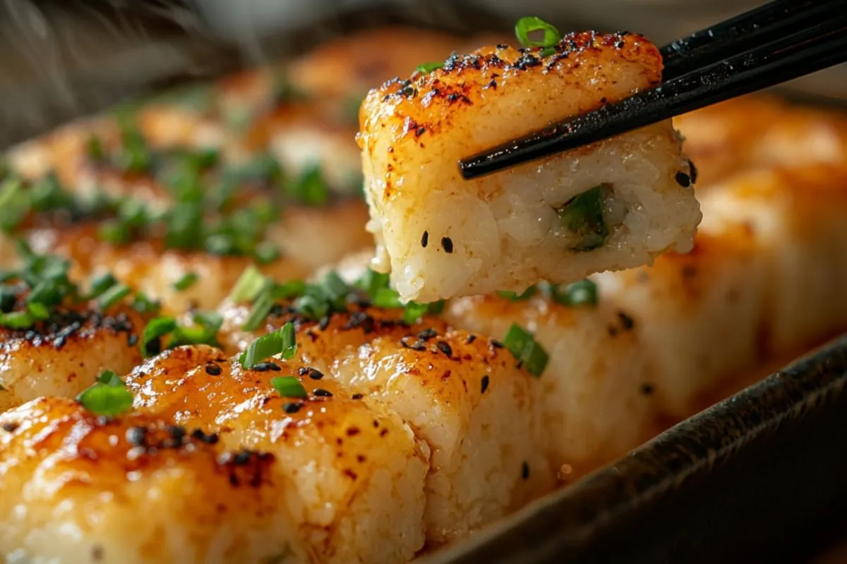 A freshly baked sushi bake in a ceramic dish, topped with furikake and drizzled with spicy mayo, with a piece being lifted using chopsticks and wrapped in a nori sheet.